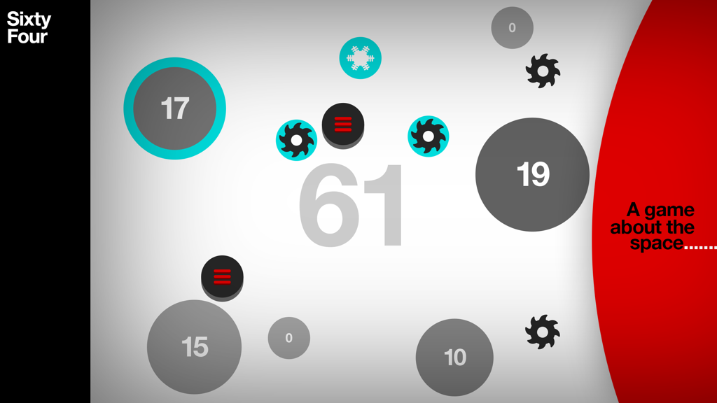 Hundreds - Una pantalla de jugabilidad minimalista de Hundreds con círculos grises numerados y obstáculos de engranajes giratorios sobre un fondo blanco.