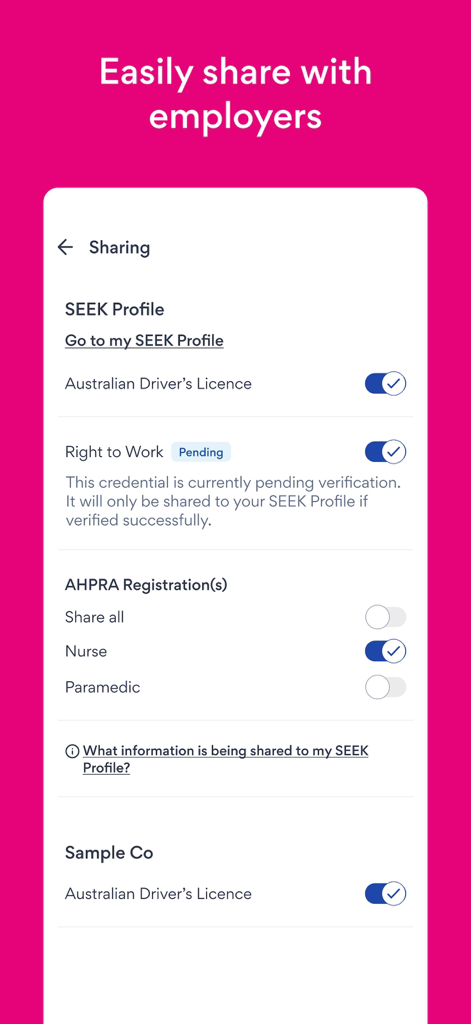 SEEK Passアプリの画面に、検証済みの職務資格と免許を雇用主と簡単に共有する方法が表示されている