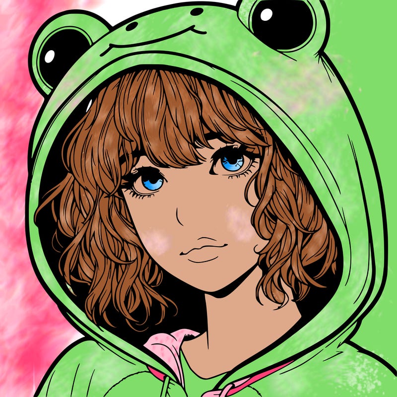 a realistic teenage girl with a messy fringe, in a frog onesie with the hood up