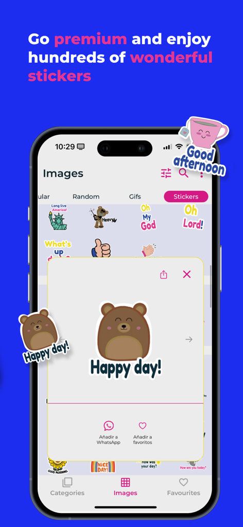 Good Morning Afternoon & Night - A mobile app interface showing a gallery of cute stickers for daily greetings and a premium membership offer.