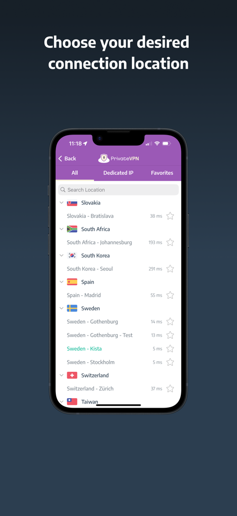 グローバルサーバーの場所と接続遅延のリストを示すPrivateVPNモバイルアプリインターフェース