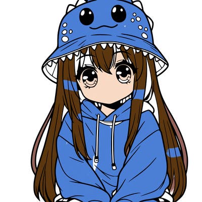 girl with anime shaped eyes with a dinosaur bucket hat oversized sweatshirt long straight hair