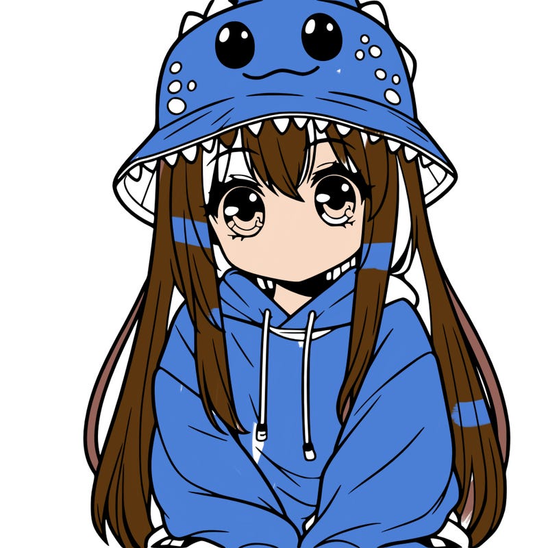 girl with anime shaped eyes with a dinosaur bucket hat oversized sweatshirt long straight hair