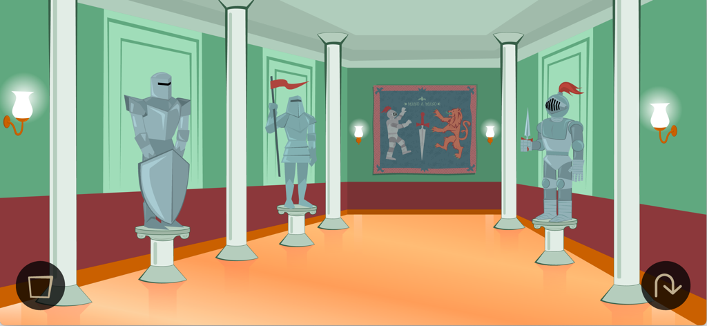 Ilustração desenhada à mão de uma galeria na Bodkin Hall com várias armaduras em pedestais.