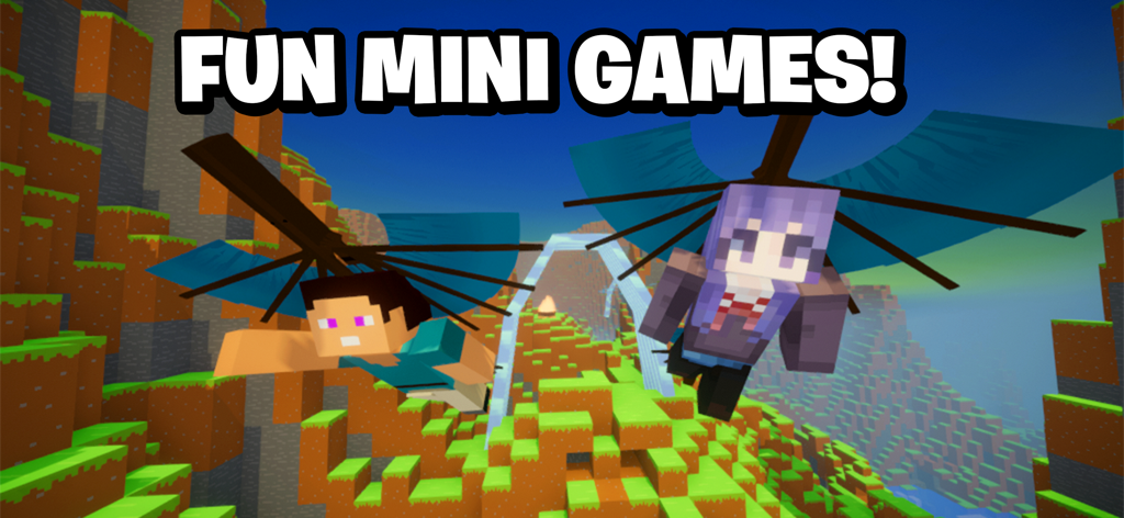 Build World: Sandbox Survival - Two characters flying with gliders over a 3D blocky landscape in a mini-game