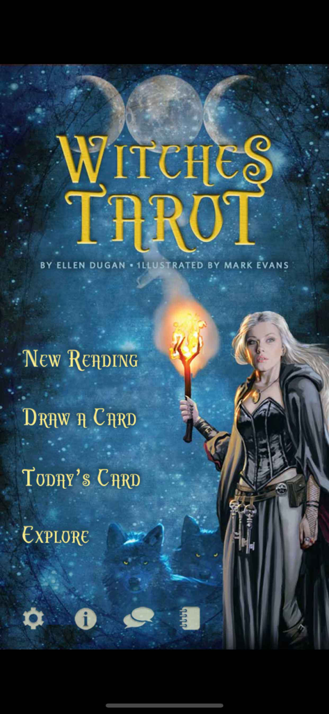 Main menu of the Witches Tarot app with options for new reading and today's card against a mystical backdrop
