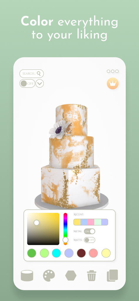 Interface of the Bakely app showing a three tier 3D wedding cake with gold marble textures and a color picker tool for design customization.