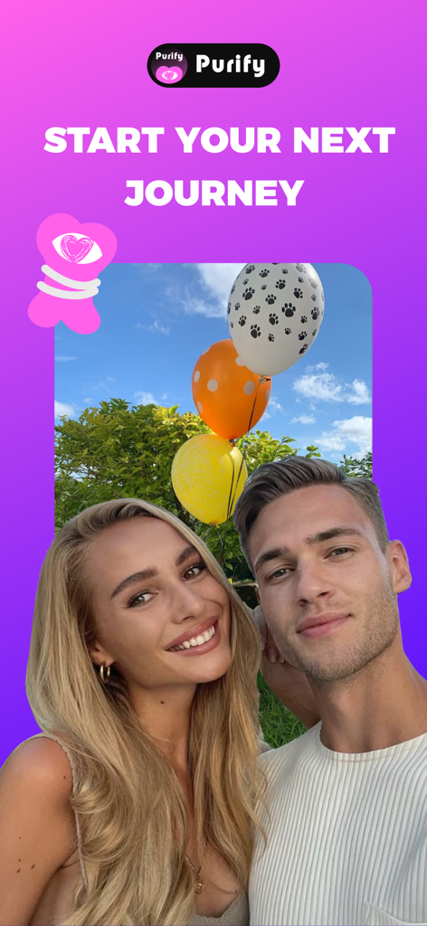 Un jeune couple souriant posant ensemble sur l'écran de l'application Purify avec un ballon en forme de patte
