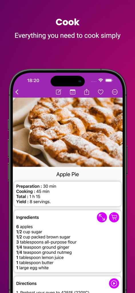 A digital cookbook interface showing an apple pie recipe with prep times and ingredient list