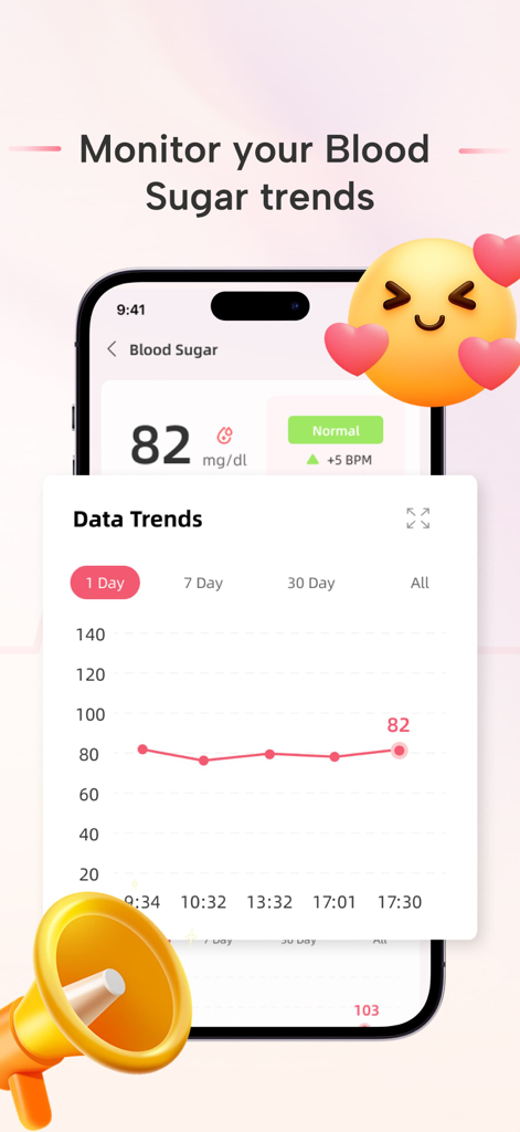 Health Mate Pro - Heart Rate - Interfaz de aplicación móvil que muestra datos diarios de azúcar en sangre y un gráfico de líneas para el monitoreo de la salud