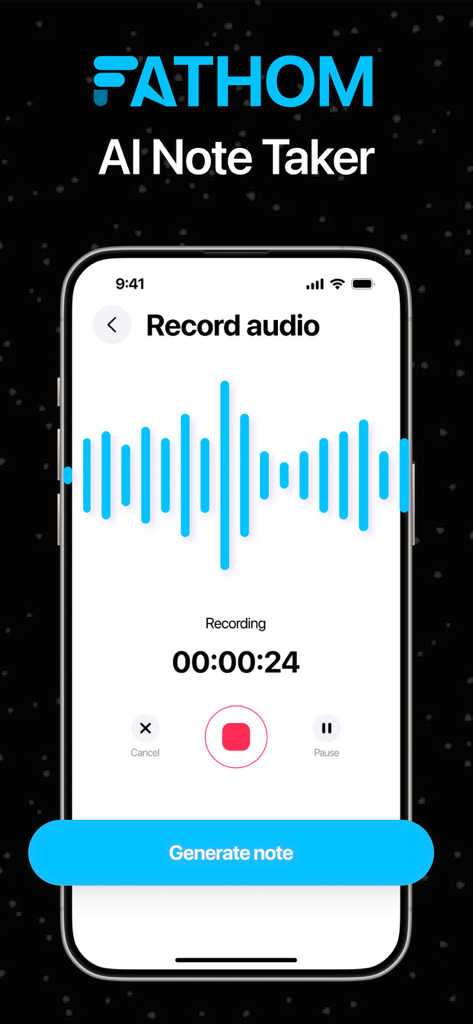 Pantalla de grabación de la aplicación Fathom AI Note Taker mostrando una forma de onda de audio activa y un botón para generar notas.