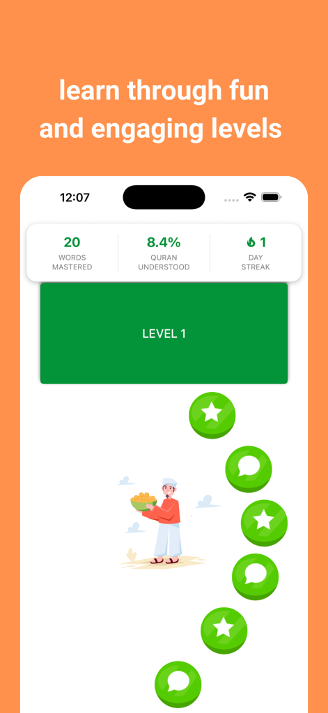 Qurania: Learn Quran with AI - A mobile app interface for Qurania showing a gamified learning path with progress stats for words mastered and Quran understanding percentage
