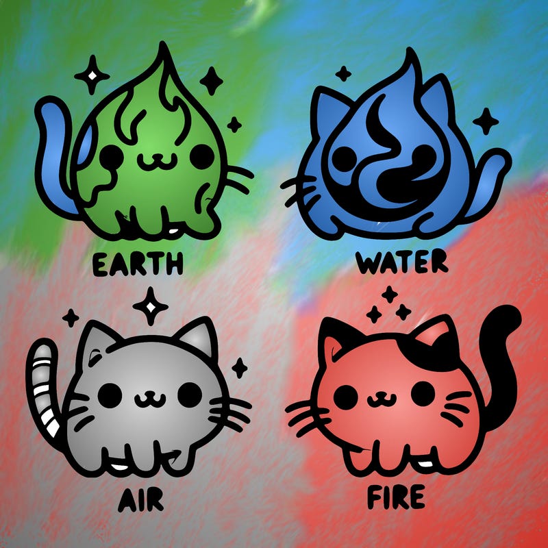 4 cats that represent the different elements, earth, water, air, and fire