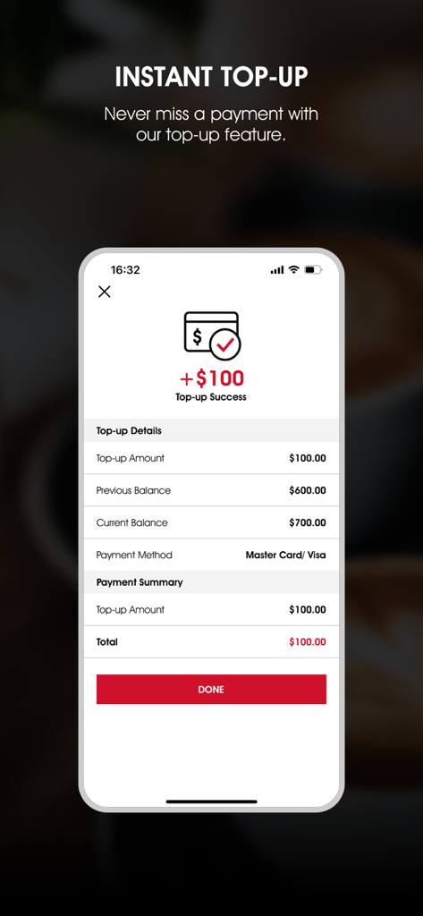Pacific Coffee Hong Kong - Interface of the Pacific Coffee app showing a successful account top-up with balance details.