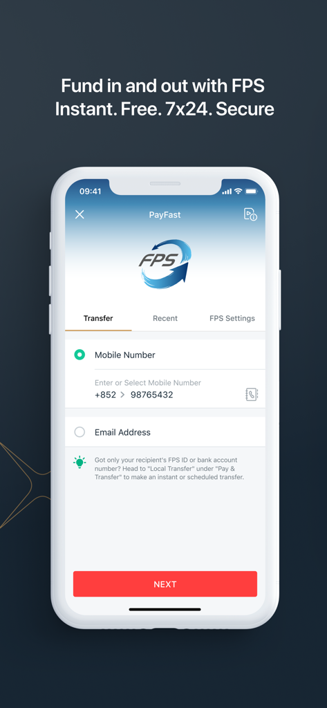 DBS digibank HK PayFast screen for instant FPS fund transfers via mobile number