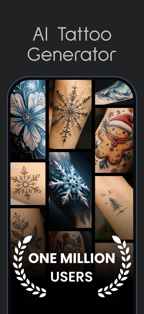 InkHunter AI Tattoo Generator interface showcasing diverse tattoo designs and a one million users badge.