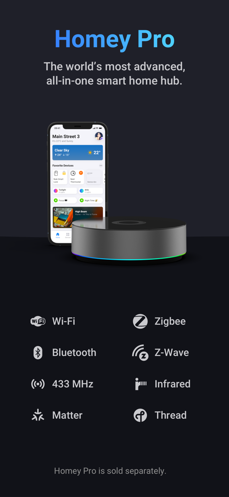 Homey Pro smart home hub and mobile app showing support for Matter Thread Zigbee and Z-Wave protocols