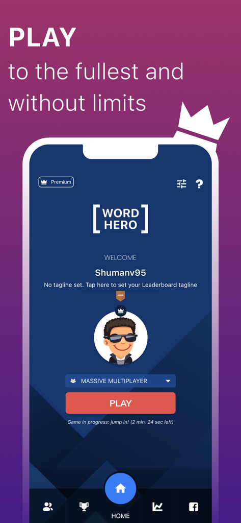 WordHero: word search game - WordHero app home screen featuring a user profile avatar and a large orange play button for real-time multiplayer word games
