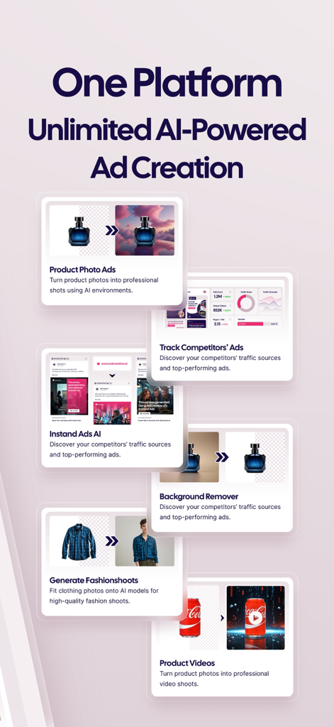 AdCreative.ai Official: AI Ads - A overview of AdCreative.ai features including AI product photos, competitor ad tracking, and automated fashion shoots