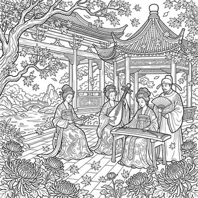 Immerse yourself in the grandeur of the Tang Dynasty combined with the beauty of autumn. This intricate coloring page features elegant figures, traditional music, and falling leaves, perfect for a relaxing artistic escape.
