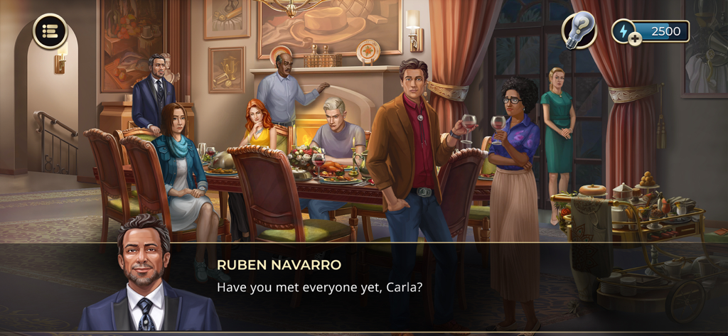 Billionaire Ruben Navarro introducing guests at a formal dinner party on a private island