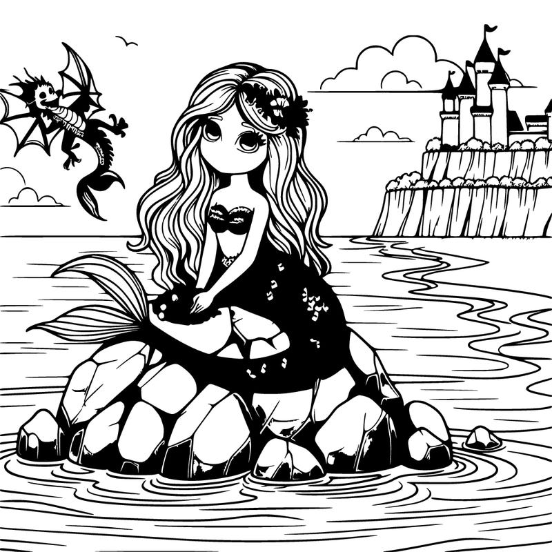a mermaid on a shiny rock in the middle of the ocean with the beach far in the distance and the mermaid has a bunch of pearls and the mermaid has a beautiful dragon.
