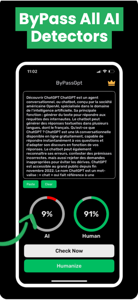 Humanize ai detector bypassgpt - Interface de l'application mobile ByPassGpt montrant un score de 91 % écrit par un humain et 9 % par une IA pour le texte analysé