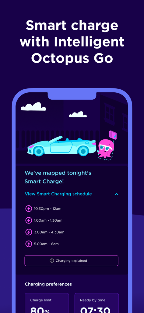 Octopus Energy app screen showing an EV smart charging schedule and preferences for Intelligent Octopus Go