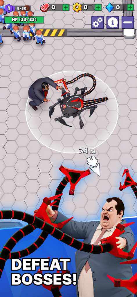 Robot Revenge - Idle Arcade - A black mechanical robot attacking a human boss character in Robot Revenge Idle Arcade game.