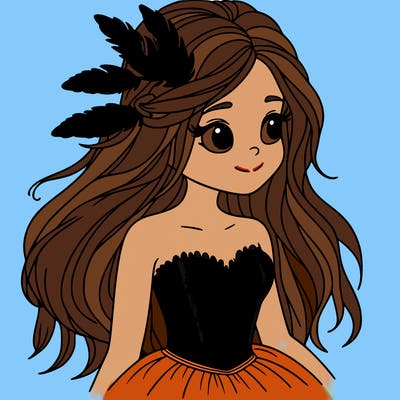 yellow feathers in her hair and a yellow dress