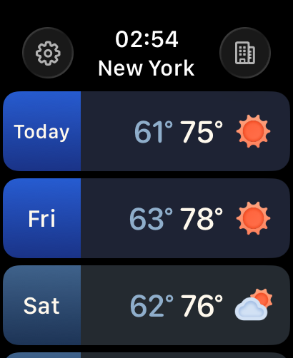 Weather mini for Watch - Daily weather forecast for New York on Apple Watch showing temperature ranges and weather icons.
