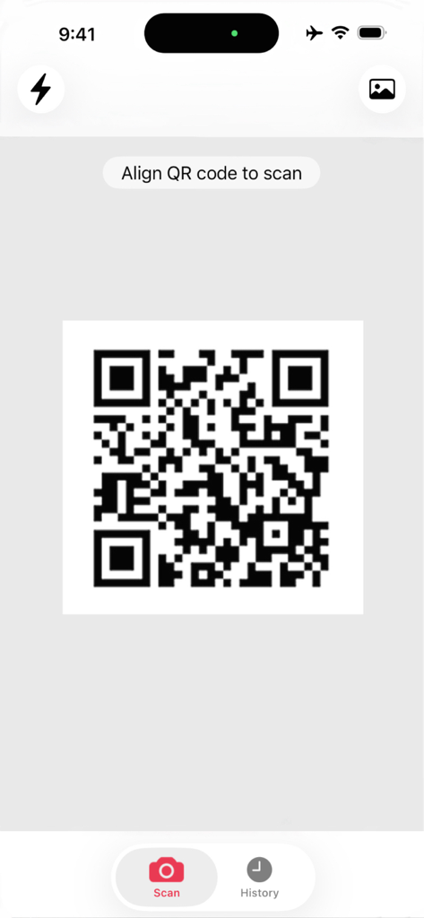 QR Code Reader app interface showing a QR code in the camera viewfinder with a scan button and history tab
