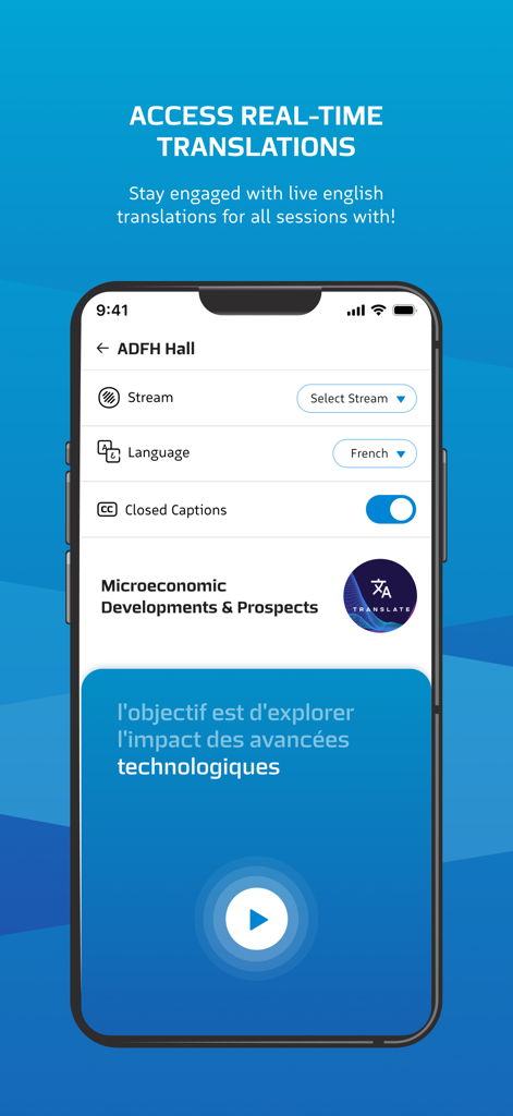 World Governments Summit - Real-time translation interface in the World Governments Summit app for live global sessions.