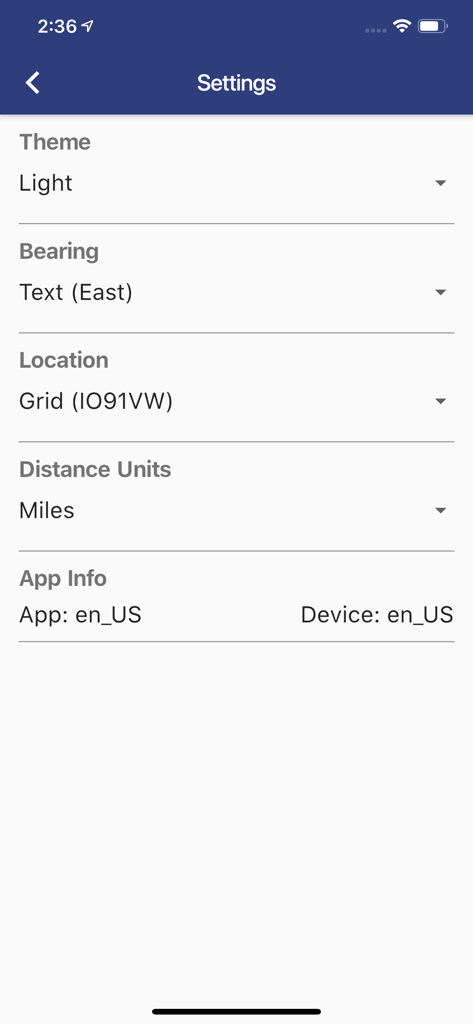 RepeaterBook - Settings interface of the RepeaterBook amateur radio app showing theme and distance unit options
