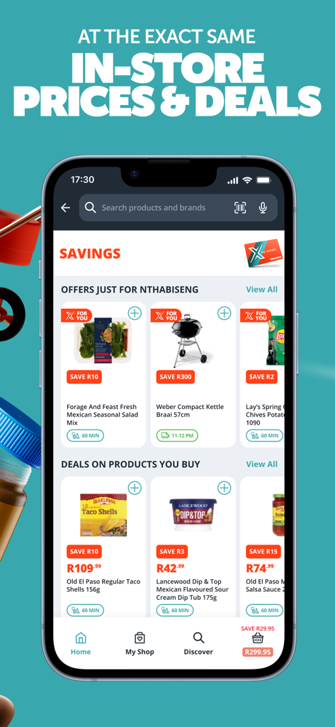 Checkers Sixty60 - Checkers Sixty60 app interface displaying personalized savings and in-store grocery deals.