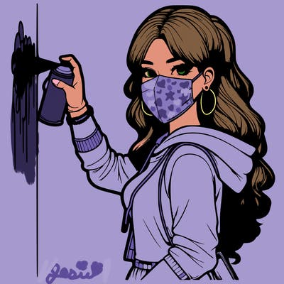 realistic girl with mask spray painting a wall