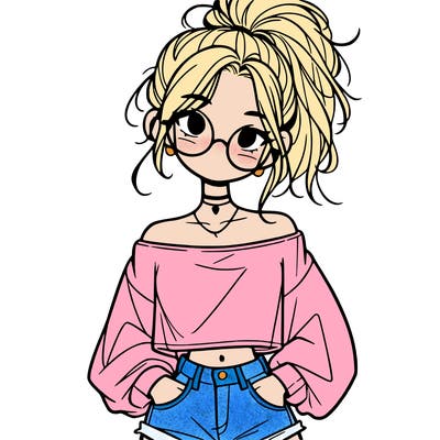 girl with a messy ponytail glasses a baggy crop top and jean shorts