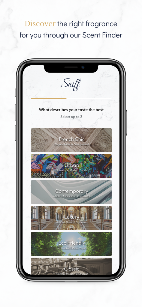 Sniff. - Sniff mobile app scent finder screen displaying fragrance style categories like French Chic and Urban