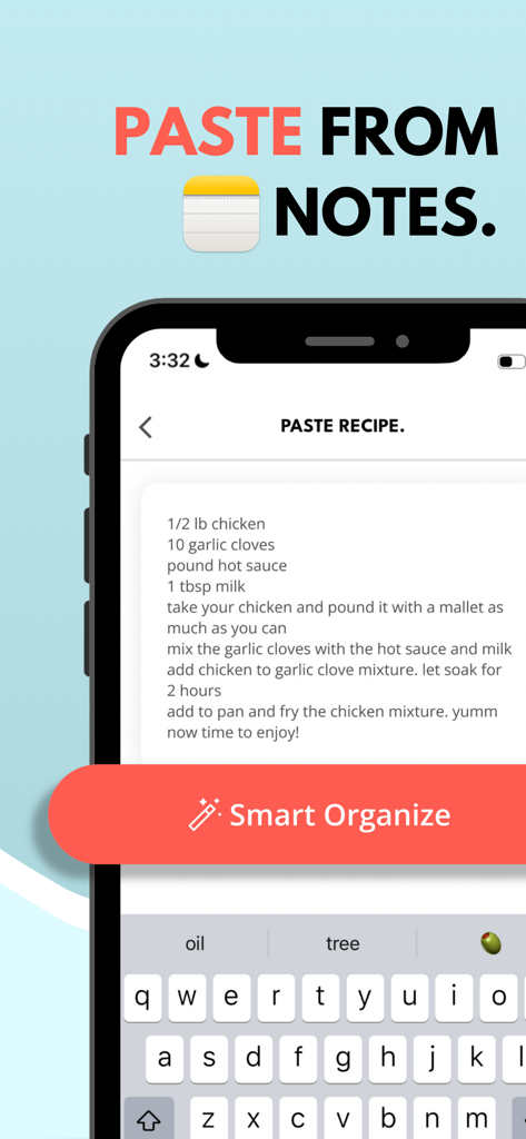Interfaccia dell'app Pepper che mostra la funzione incolla ricetta dalle note con un pulsante di organizzazione intelligente
