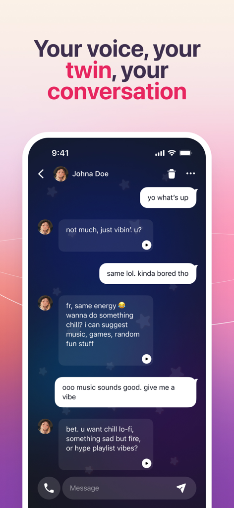 A mobile screen showing a chat conversation between a user and their AI twin in the OpenHome app.