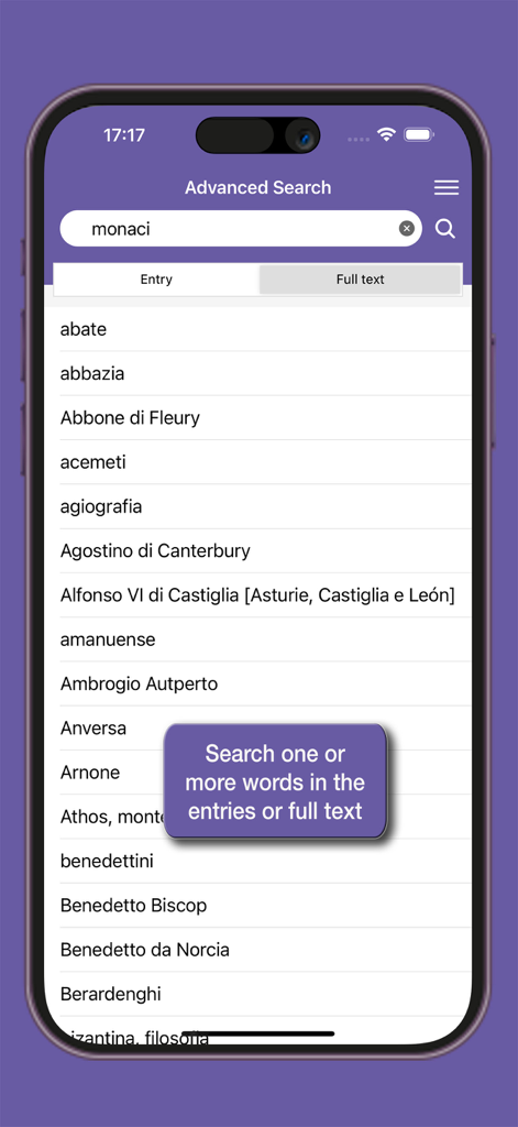 Advanced search interface of the Garzantine Medioevo app showing historical entries related to the Middle Ages