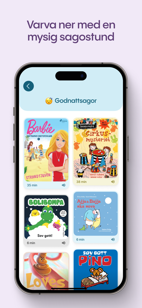 Lylli: Tusentals barnböcker - Lylli app interface displaying a collection of digital bedtime stories for children including Barbie and LasseMaja