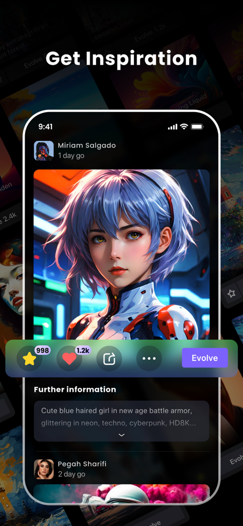 GoArt app screen showing an AI-generated anime girl in battle armor within the community inspiration feed