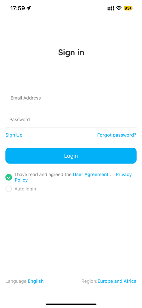 SeTracker mobile app sign in interface showing email and password input fields