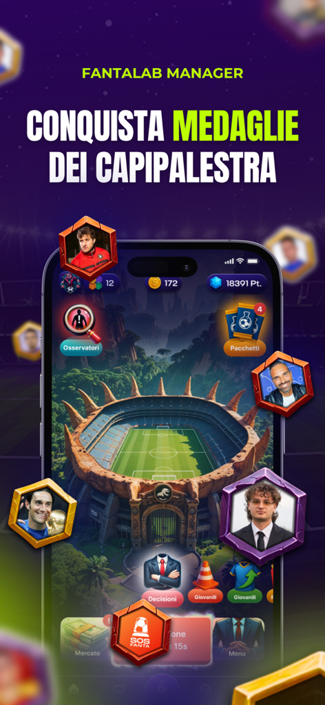 FantaLab Manager - Fantacalcio - FantaLab Manager app screen showing a virtual soccer stadium with expert creator medals and fantasy soccer management tools.