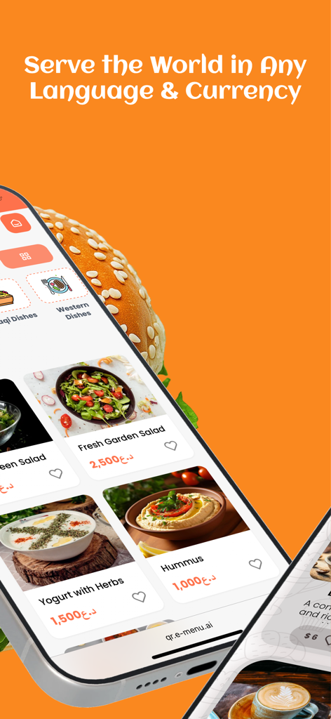 Menu digital de restaurante em um smartphone exibindo itens alimentares com preços em várias moedas e opções de idioma