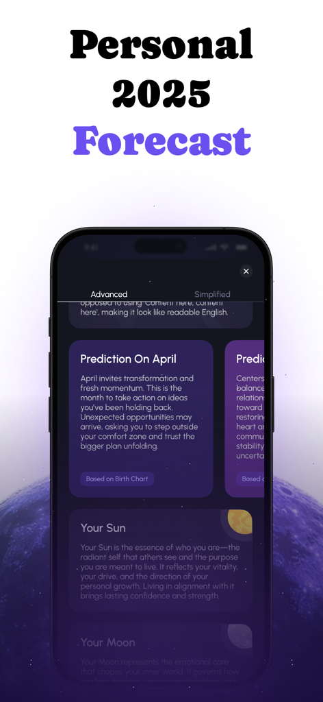 Starzen - Astrology & Tarot - A mobile interface for the Starzen app showing a personalized 2025 astrology forecast with predictions for April and sections for Sun and Moon signs.