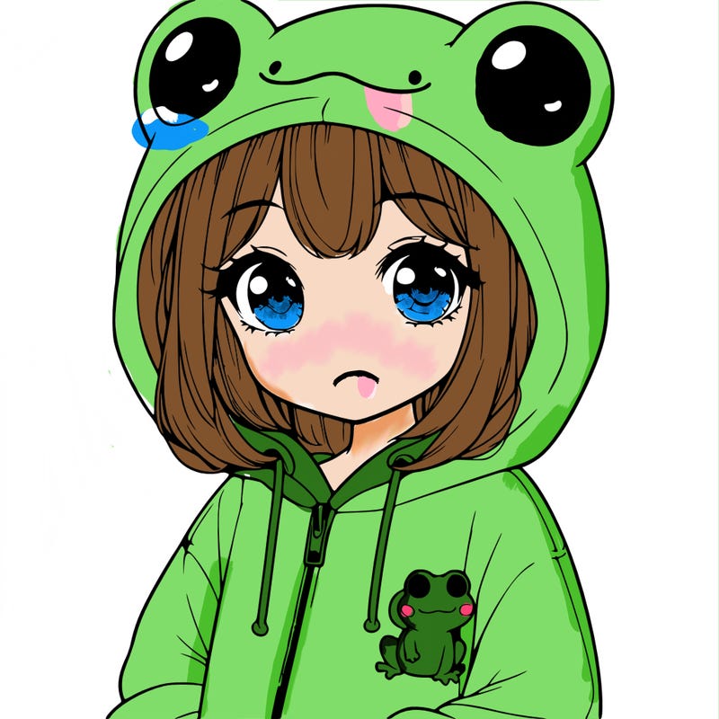 cute realistic girl in a froggy hoodie