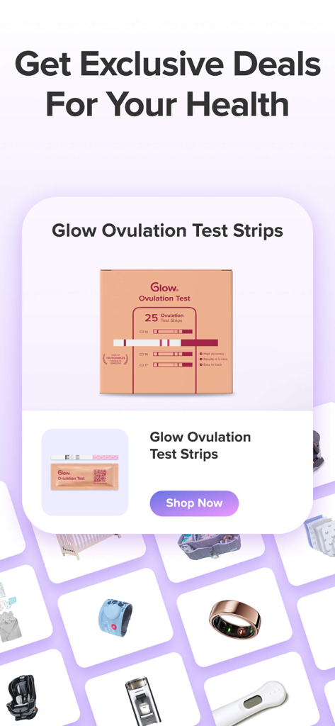 A promotional screen in the Glow Eve app for exclusive deals on ovulation test strips and health products.