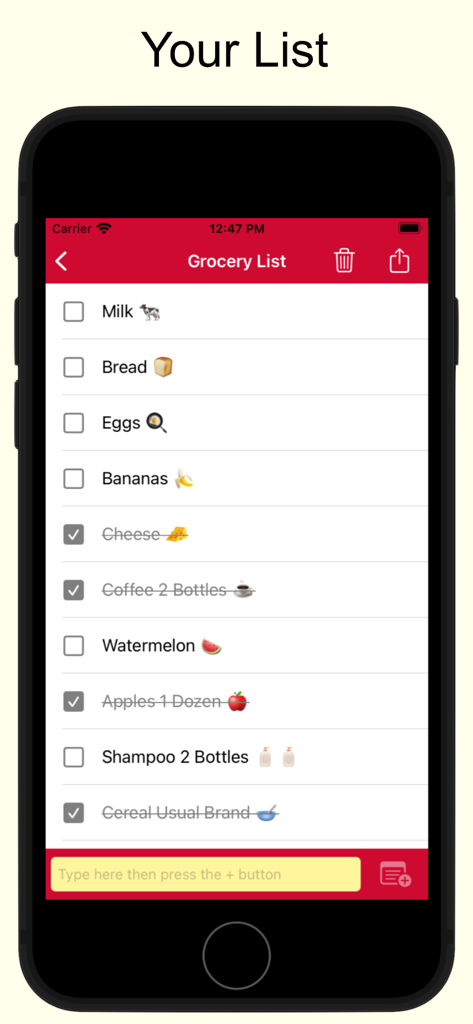 Eine einfache mobile App-Oberfläche, die eine Einkaufsliste mit Artikeln wie Milch und Brot sowie Kontrollkästchen zum Durchstreichen anzeigt